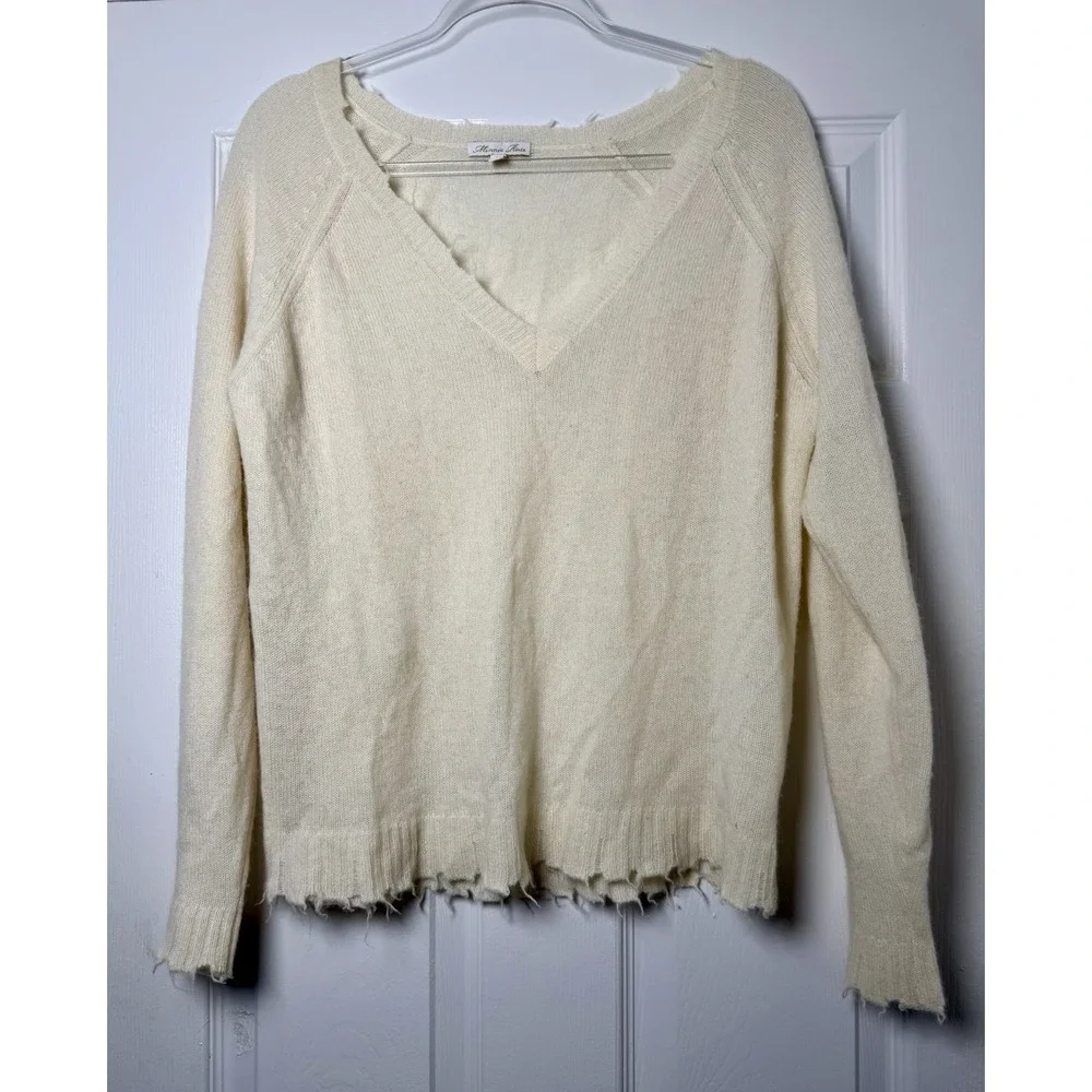 Minnie Rose 100% Cashmere Distressed V Neck Sweater Ivory Women's M Soft